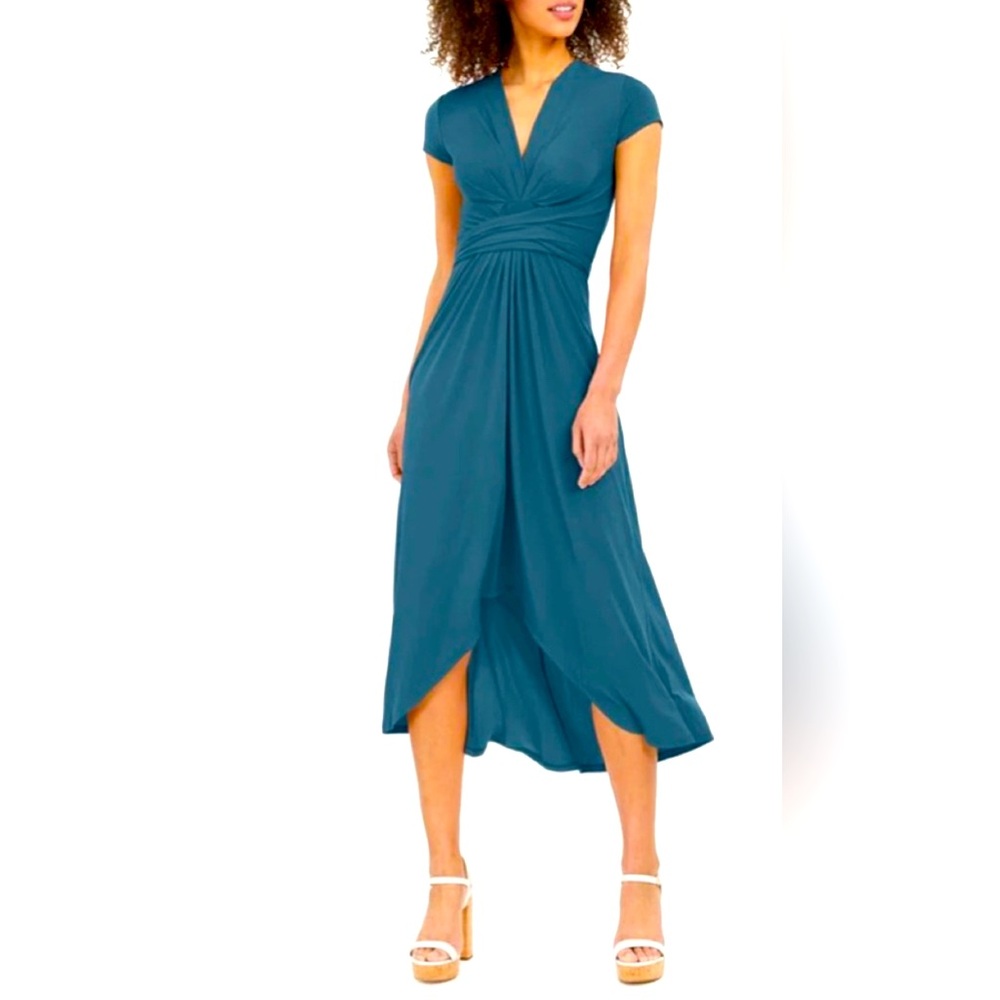 NWT. MICHAEL KORS high low faux wrap dress. Dark teal. Size petite large.